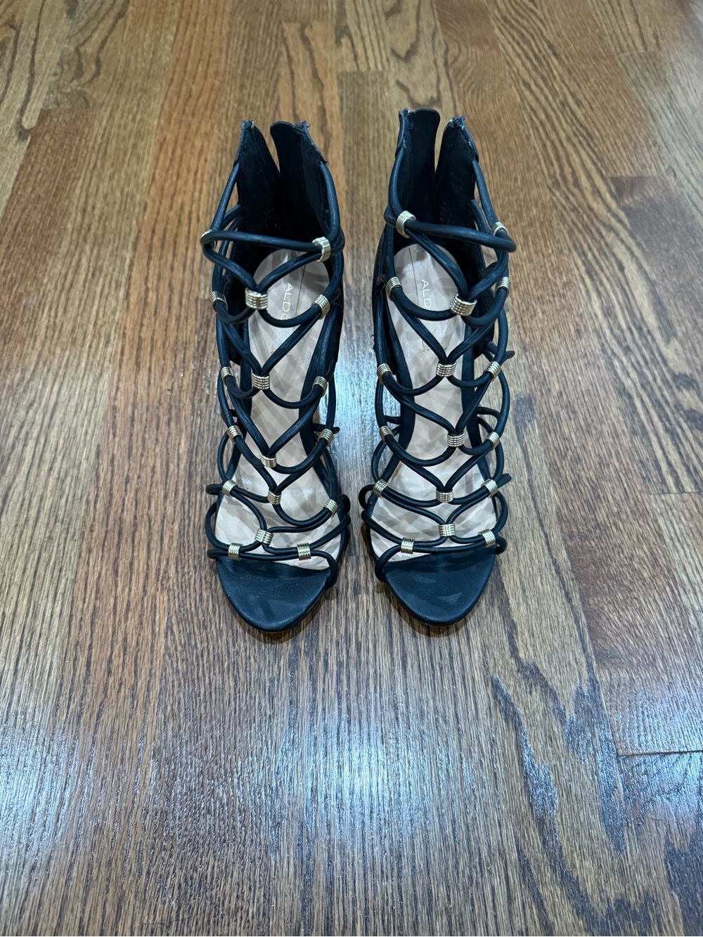 Aldo Black Lace-Up Cage High Heels with Gold Accents